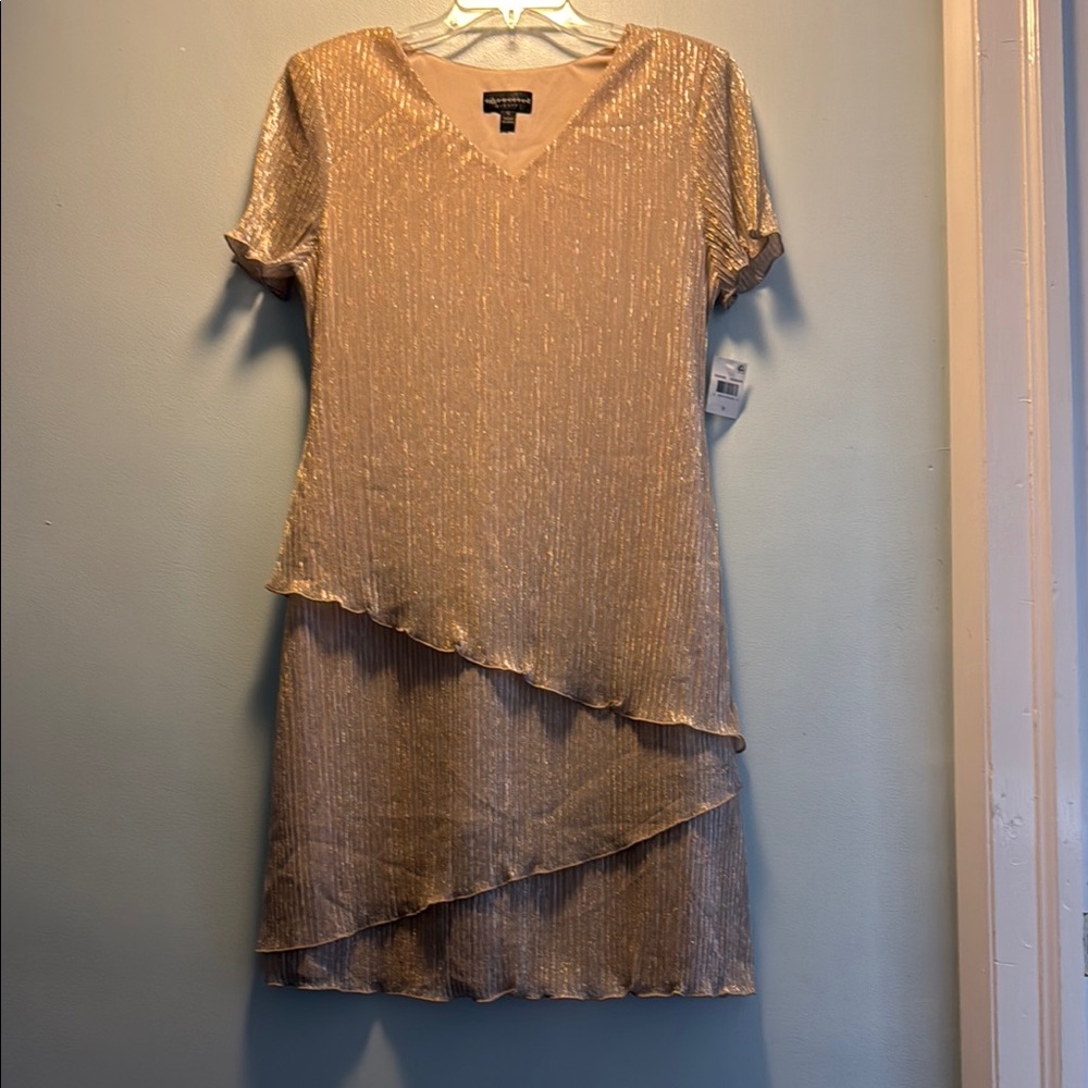 Connected Apparel Tan Asymmetrical Ruffled Sheath Dress